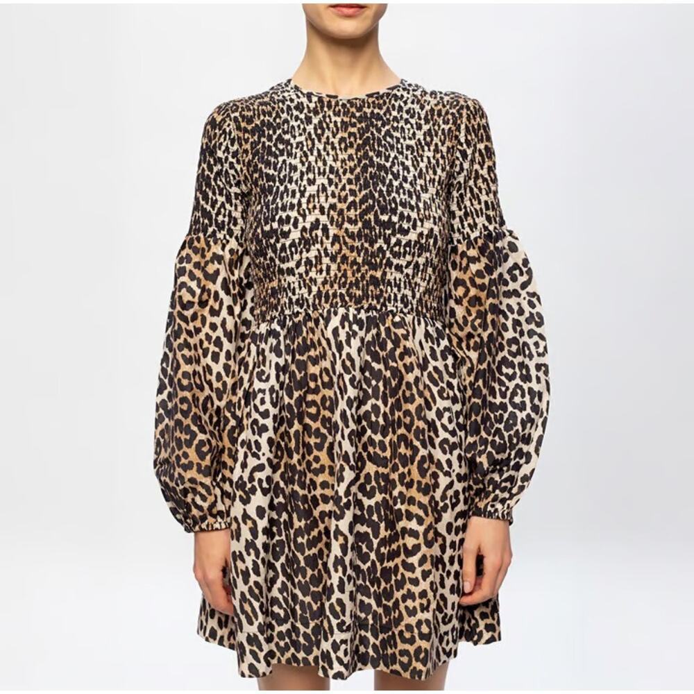 Ganni Leopard Smocked Mini Silk Cotton Long Sleeve Animal Print Dress Size 12 42